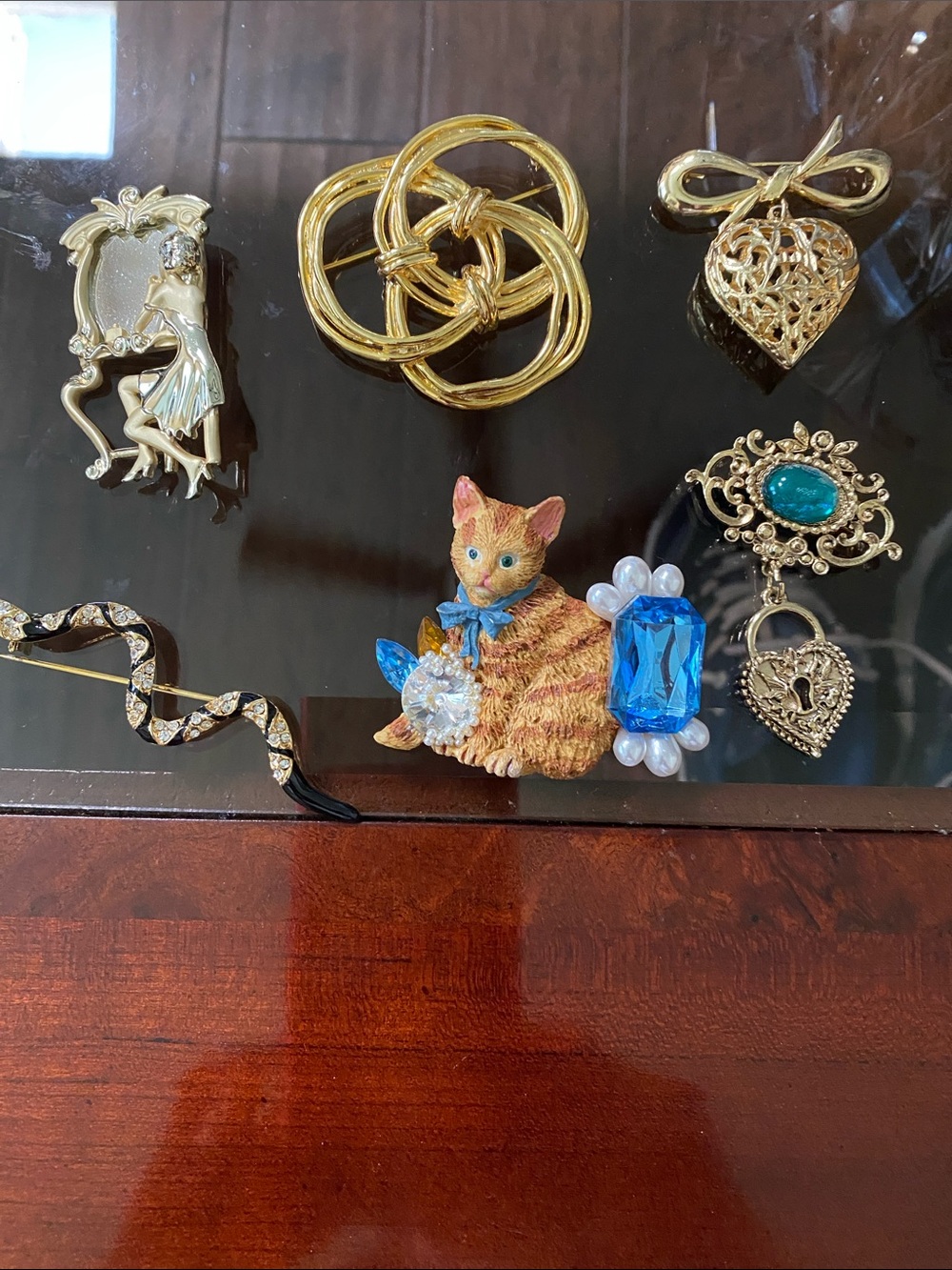 Cat Brooch with Blue Gem and Gold-tone Vintage Pins
